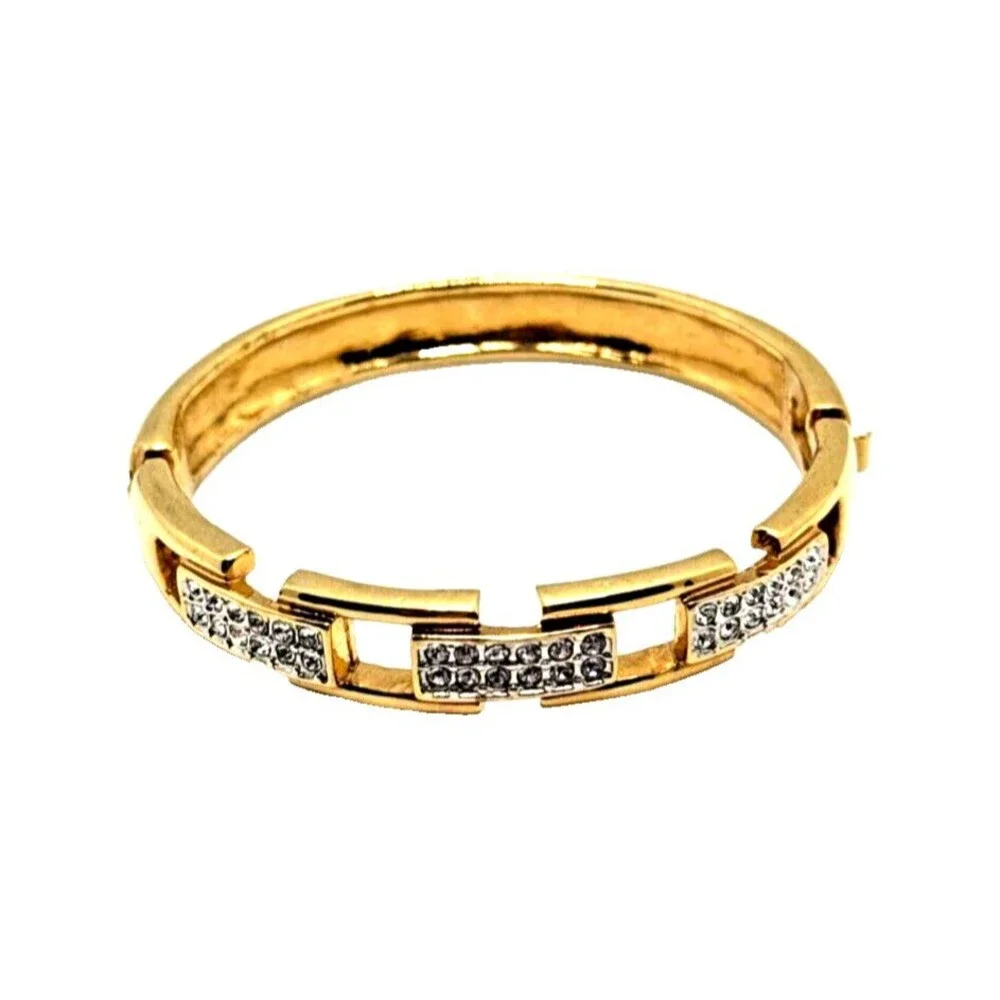 Rhinestone Link Bangle Bracelet Gold Tone Statement Hinged Runway Jewelry 7